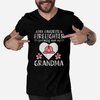 My Favorite Firefighter Calls Me Grandma Job Title Mom Gift Men V-Neck Tshirt - Seseable