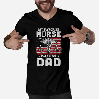 My Favorite Nurse Calls Me Dad Usa Flag Men V-Neck Tshirt | Crazezy DE