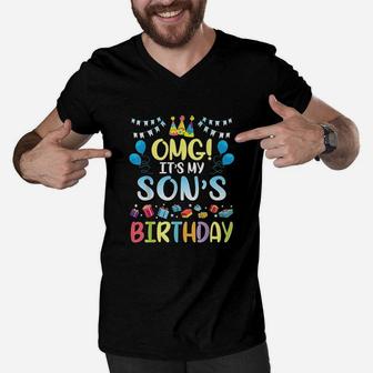 Omg Its My Sons Birthday Happy To Me You Daddy Mommy Men V-Neck Tshirt | Crazezy