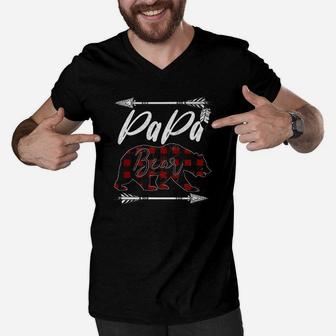 Papa Bear Buffalo Plaid Dad Daddy Fathers Day Men Gift Men V-Neck Tshirt | Crazezy