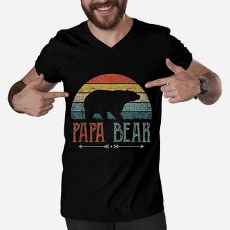 Papa Bear Vintage Daddy Father Day Retro Dad Men V-Neck Tshirt | Crazezy UK