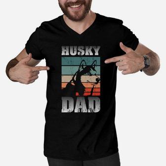 Pet Owner Men Husky Dad Fathers Day Dog Animal Retro Husky Men V-Neck Tshirt | Crazezy CA