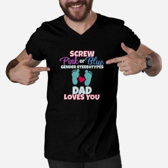 Pink Or Blue Gender Reveal Team Dad Loves You Party Men V-Neck Tshirt - Monsterry AU