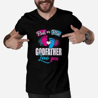 Pink Or Blue Godfather Loves You Gender Reveal Baby Men V-Neck Tshirt | Crazezy
