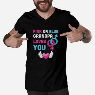 Pink Or Blue Grandpa Loves You Baby Gender Reveal Men V-Neck Tshirt - Monsterry