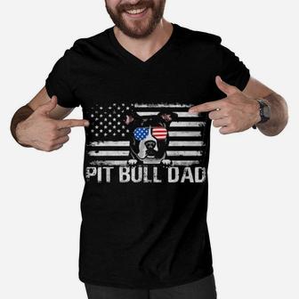 Pit Bull Dad American Flag 4Th Of July Patriotic Men V-Neck Tshirt - Monsterry