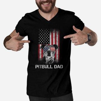 Pitbull American Flag 4Th Of July Pitbull Dad Dog Lover Men V-Neck Tshirt | Crazezy