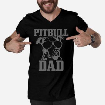 Pitbull Dad Funny Dog Pitbull Sunglasses Fathers Day Pitbull Men V-Neck Tshirt | Crazezy