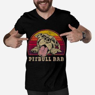 Pitbull Dad - Vintage Smiling Pitbull Fathers & Dog Lovers Men V-Neck Tshirt | Crazezy