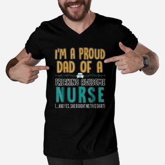 Proud Dad Of A Freaking Awesome Nurse Men V-Neck Tshirt | Crazezy