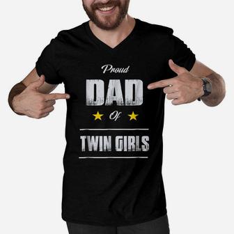 Proud Dad Of Twin Girls T Shirt Father's Day Gift Men V-Neck Tshirt | Crazezy
