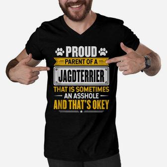 Proud Parent Of A Jagdterrier Funny Dog Owner Mom & Dad Men V-Neck Tshirt | Crazezy DE