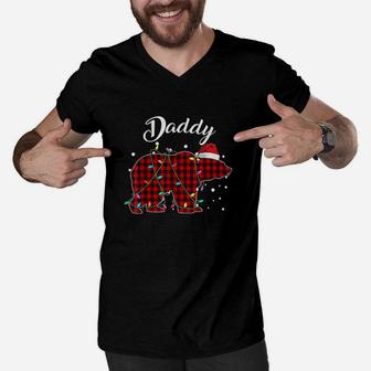 Red Plaid Daddy Bear Matching Buffalo Pajama Men V-Neck Tshirt | Crazezy