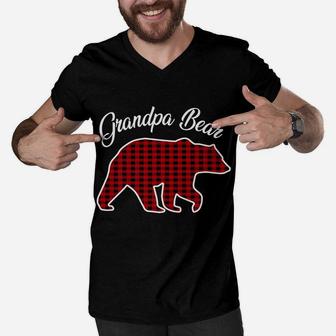 Red Plaid Grandpa Bear Matching Christmas Pajama Family Men V-Neck Tshirt | Crazezy UK