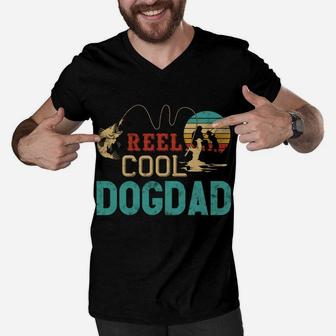 Reel Cool Dog Dad Vintage Funny Fishing Rod Gifts For Dogdad Men V-Neck Tshirt | Crazezy UK