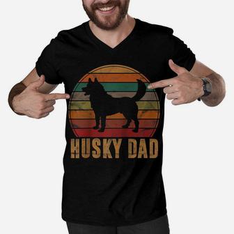 Retro Husky Dad Gift Dog Owner Pet Siberian Huskies Father Raglan Baseball Tee Men V-Neck Tshirt | Crazezy