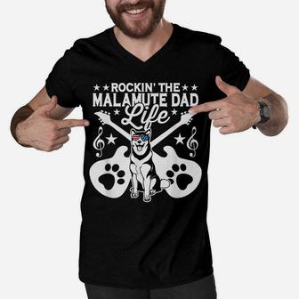Rockin The Malamute Dad Life Dog Lover Guitar Musician Men V-Neck Tshirt | Crazezy