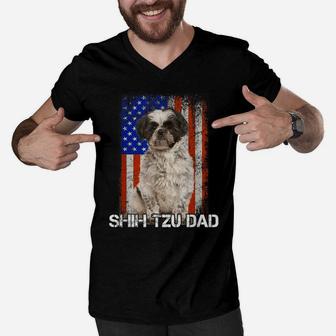 Shih Tzu Dog Dad Father Day American Flag Men V-Neck Tshirt | Crazezy
