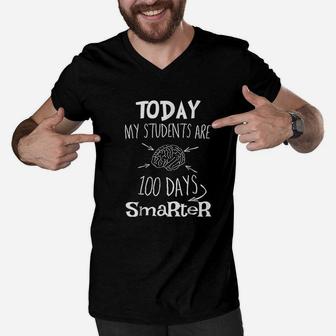 Today My Students Are 100 Days Smarter Funny Brain 100th Day Of School Men V-Neck Tshirt - Seseable