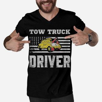 Tow Truck Driver Yellow Line Daddy Us Flag Distressed Men V-Neck Tshirt - Monsterry CA