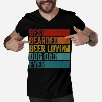 Vintage Funny Best Bearded Beer Lovin' Dog Dad Ever Love Pet Men V-Neck Tshirt | Crazezy