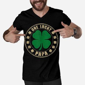 Vintage One Lucky Papa Dad Shamrock Irish St Patrick Day Men V-Neck Tshirt | Crazezy CA