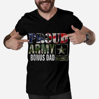 Vintage Proud Army Bonus Dad Camo With American Flag Gift Men V-Neck Tshirt | Crazezy