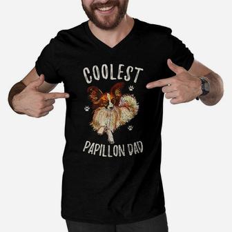 Vintage Retro Coolest Papillon Dad Funny Puppy Owner Lover Men V-Neck Tshirt | Crazezy DE