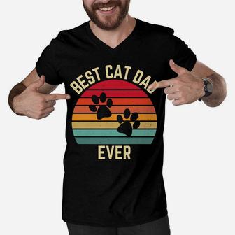 Vintage Retro Sunset Best Cat Dad Ever Kitten Lovers Gift Men V-Neck Tshirt | Crazezy