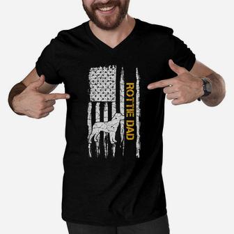 Vintage Usa American Flag Rottweiler Dad Rottie Silhouette Men V-Neck Tshirt | Crazezy CA