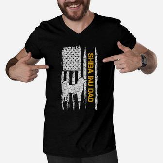 Vintage Usa American Flag Shiba Inu Dog Dad Silhouette Funny Men V-Neck Tshirt | Crazezy