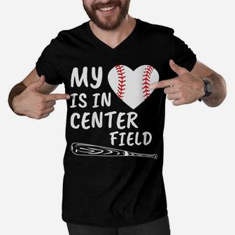 Womens My Heart Is In Center Field Baseball Bat Proud Mom Dad Gift Men V-Neck Tshirt | Crazezy CA