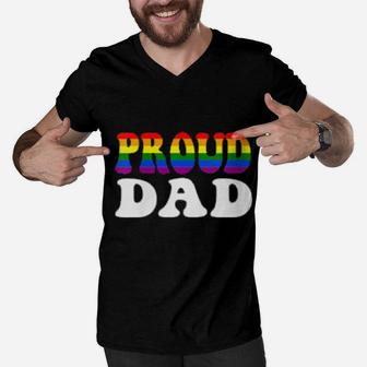 Womens Proud Dad Lgbt Rainbow Gay Pride Men V-Neck Tshirt - Monsterry