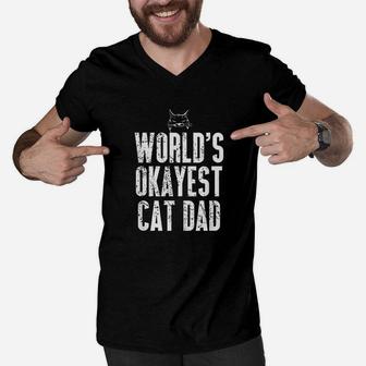 Worlds Okayest Cat Dad Funny Kitten Lover Men V-Neck Tshirt | Crazezy UK