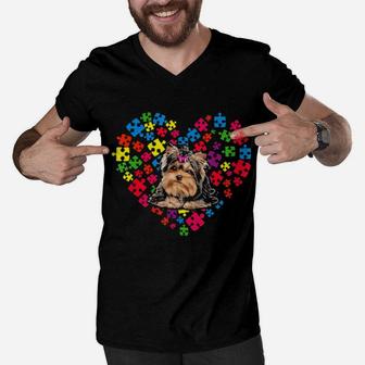 Yorkshire Terrier Autism Awareness Gifts For Dog Mom And Dad Men V-Neck Tshirt - Monsterry AU