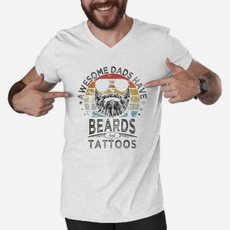 Awesome Dads Have Beards And Tattoos Funny Bearded Dad Men V-Neck Tshirt | Crazezy