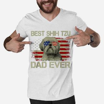Best Shih Tzu Dad Ever Tshirt Dog Lover American Flag Gift Men V-Neck Tshirt | Crazezy