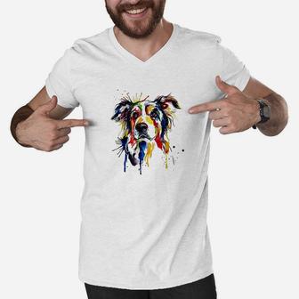 Colorful Border Collie Dog Lover Dad Mom Men V-Neck Tshirt | Crazezy UK