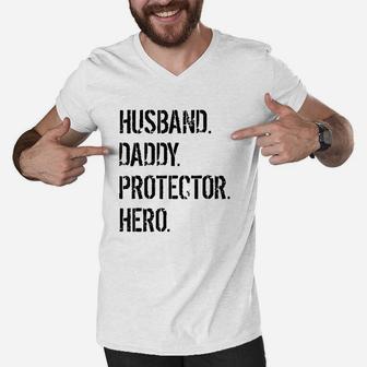 Cool Father Gift Husband Daddy Protector Hero Men V-Neck Tshirt | Crazezy