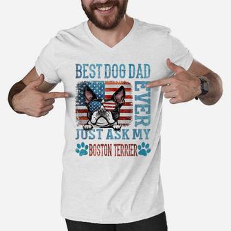 Dad Boston Terrier Best Dog Dad Ever Usa Flag Men V-Neck Tshirt | Crazezy UK