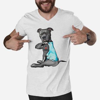 Funny Women Gifts Dog Pitbull I Love Dad Tattoo Gift Men V-Neck Tshirt | Crazezy DE