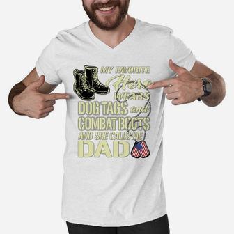 Hero Wears Dog Tags Combat Boots Proud Army Dad Of Daughter Men V-Neck Tshirt | Crazezy