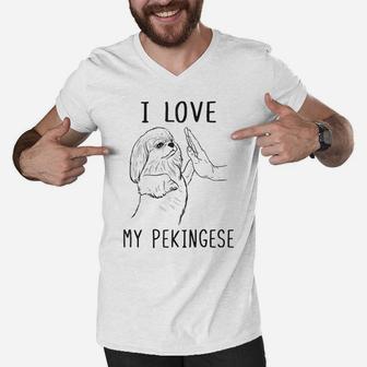 I Love My Pekingese Dad Pekingese Mom Dog Pekingese Lover Raglan Baseball Tee Men V-Neck Tshirt | Crazezy