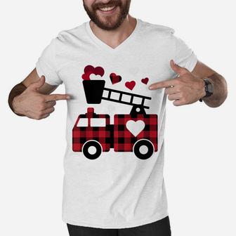Kids Fire Truck Buffalo Plaid Valentines Day Mom Dad Son Men V-Neck Tshirt | Crazezy