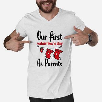 Our First Valentines Day As Parents New Dad Mom Gift Men V-Neck Tshirt | Crazezy