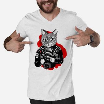 Punk Rock Cat Print For Cat Lovers - Dad's Mom's Gift Tee Men V-Neck Tshirt | Crazezy UK