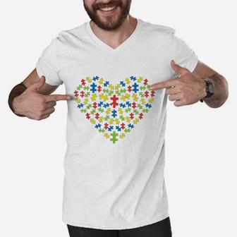 Puzzles Heart Love Awareness Mom Dad Teacher Parents Men V-Neck Tshirt | Crazezy UK