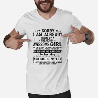 Sorry I Am Already Taken By A freaking Awesome Girl Gifts Birthday Men V-Neck Tshirt - Seseable