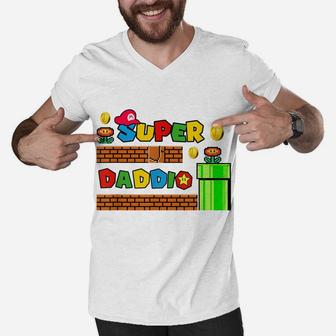 Super-Daddio Funny Daddy Father Nerdy Video Gaming Lover Men V-Neck Tshirt | Crazezy