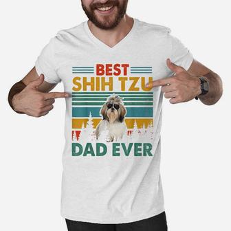 Vintag Retro Best Shih Tzu Dad Happy Father's Day Dog Lover Men V-Neck Tshirt | Crazezy UK